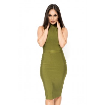 'Abra' green midi bandage dress with high neck